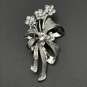 Silver with White Diamond Crystal Flower Ribbon Bow Bouquet Pin Back Brooch